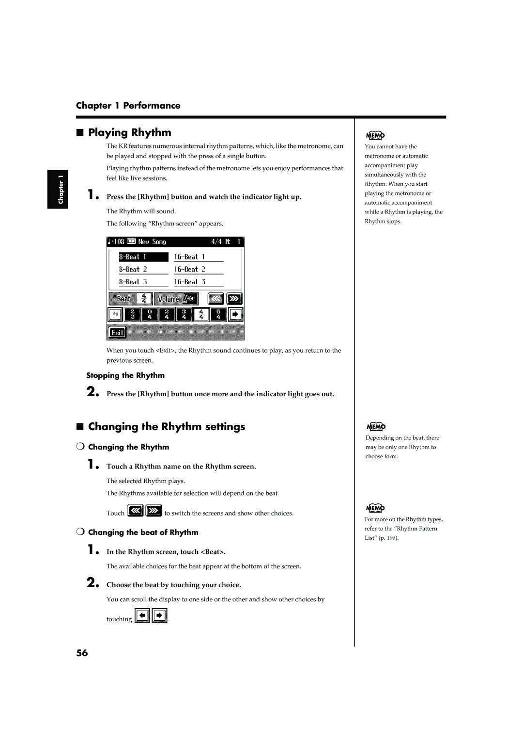 Roland KR-17, KR-15 Playing Rhythm, Changing the Rhythm settings, Stopping the Rhythm, Changing the beat of Rhythm 