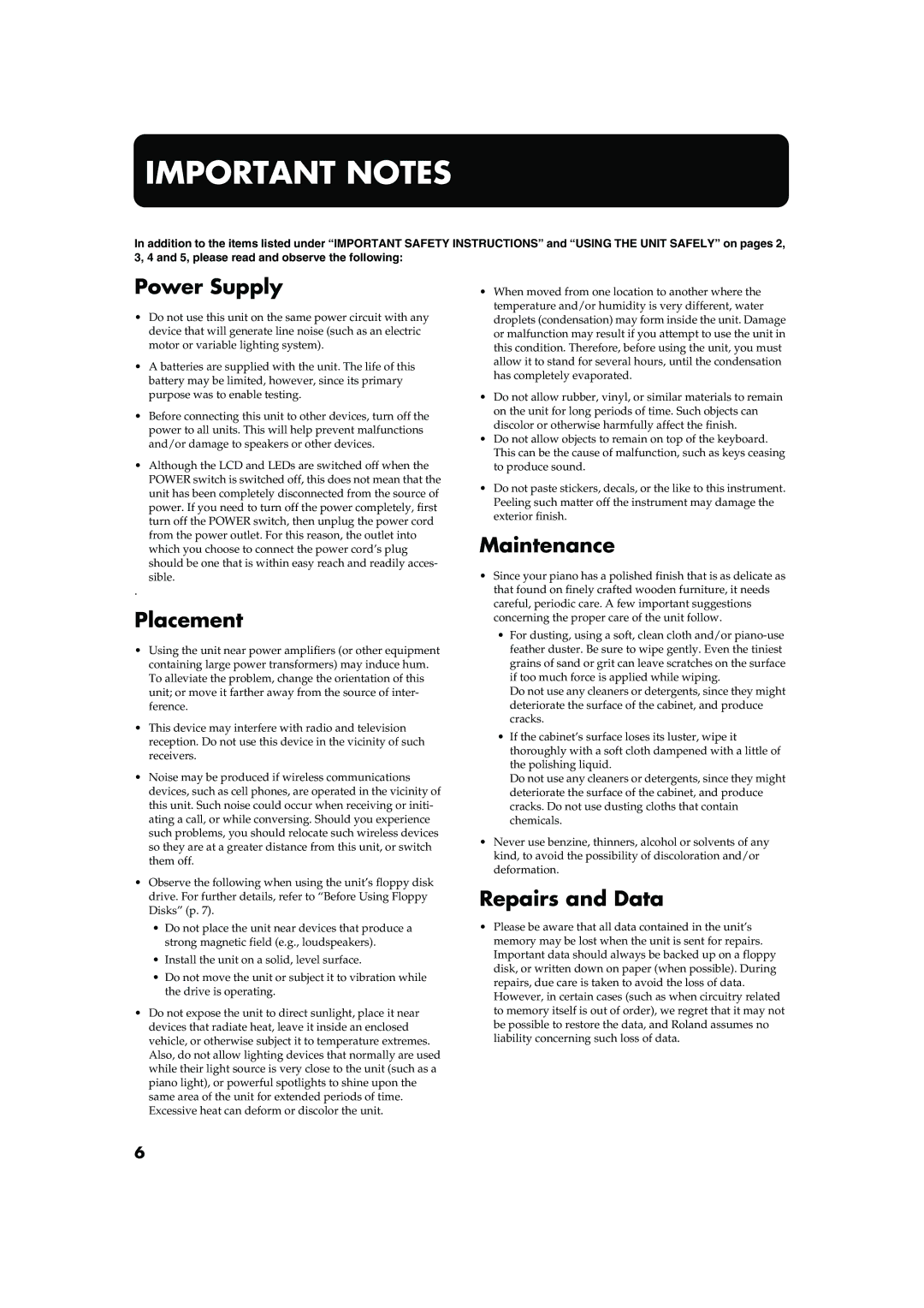 Roland KR-17, KR-15 owner manual Power Supply, Placement, Maintenance, Repairs and Data 