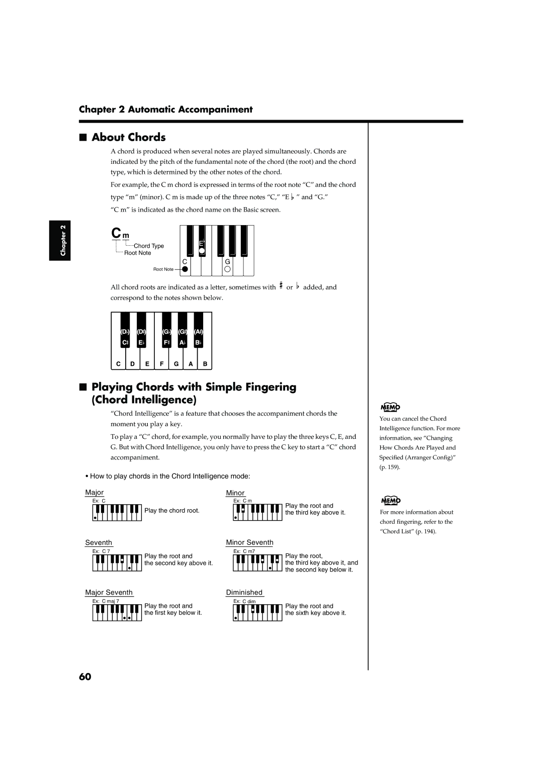 Roland KR-17, KR-15 owner manual About Chords, Playing Chords with Simple Fingering Chord Intelligence 