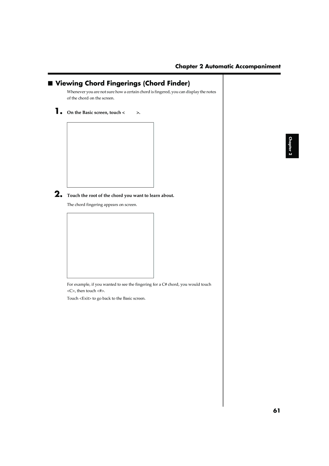 Roland KR-15, KR-17 owner manual Viewing Chord Fingerings Chord Finder, On the Basic screen, touch 