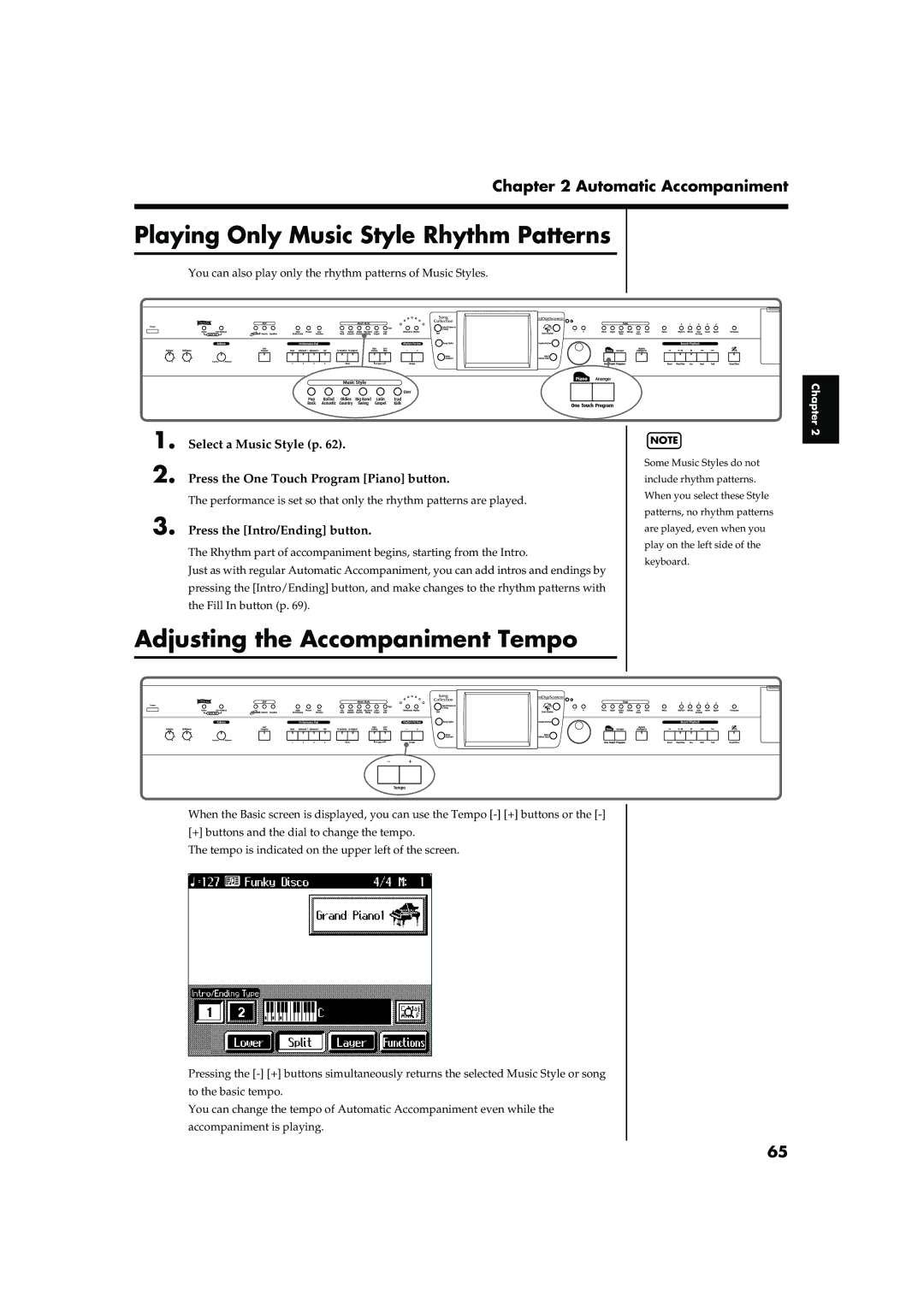 Roland KR-15, KR-17 owner manual Playing Only Music Style Rhythm Patterns, Adjusting the Accompaniment Tempo 