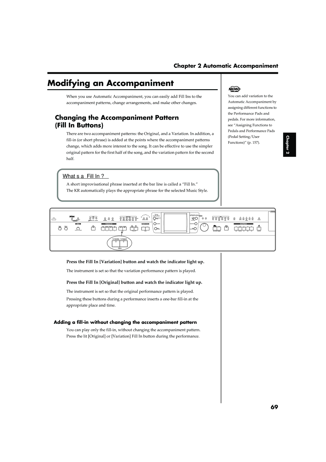 Roland KR-15, KR-17 owner manual Modifying an Accompaniment, Changing the Accompaniment Pattern Fill In Buttons 