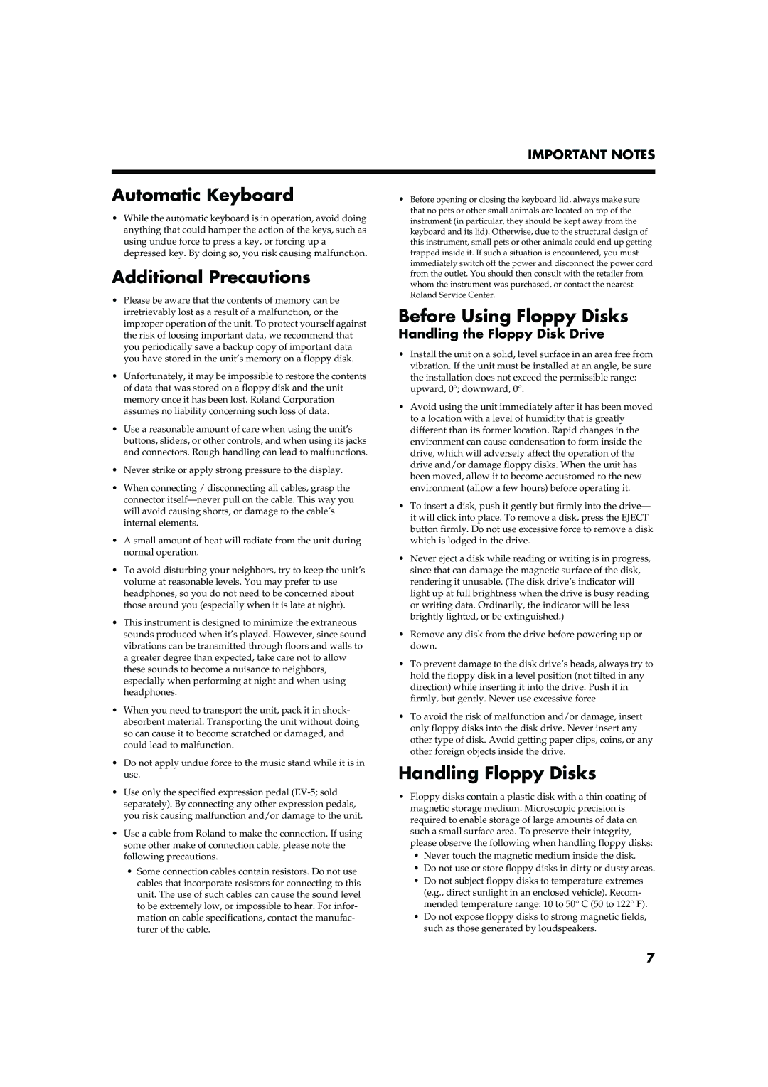 Roland KR-15, KR-17 Automatic Keyboard, Additional Precautions, Before Using Floppy Disks, Handling Floppy Disks 