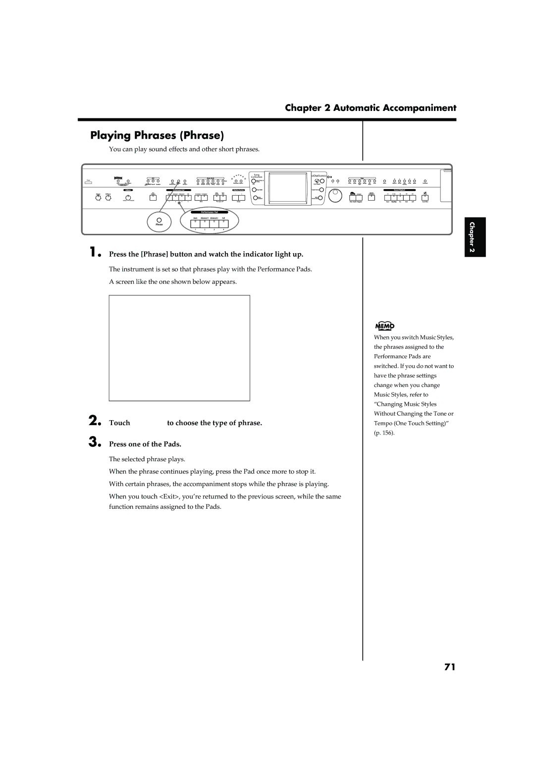 Roland KR-15, KR-17 owner manual Playing Phrases Phrase, Press the Phrase button and watch the indicator light up 