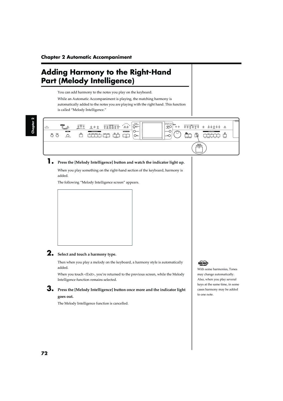 Roland KR-17, KR-15 owner manual Adding Harmony to the Right-Hand Part Melody Intelligence, Select and touch a harmony type 