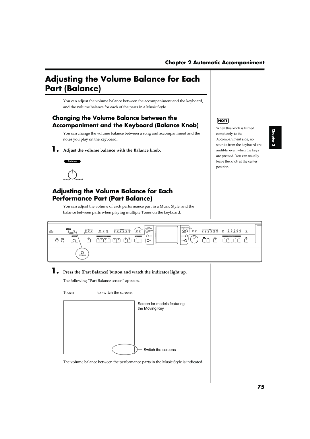 Roland KR-15, KR-17 Adjusting the Volume Balance for Each Part Balance, Adjust the volume balance with the Balance knob 