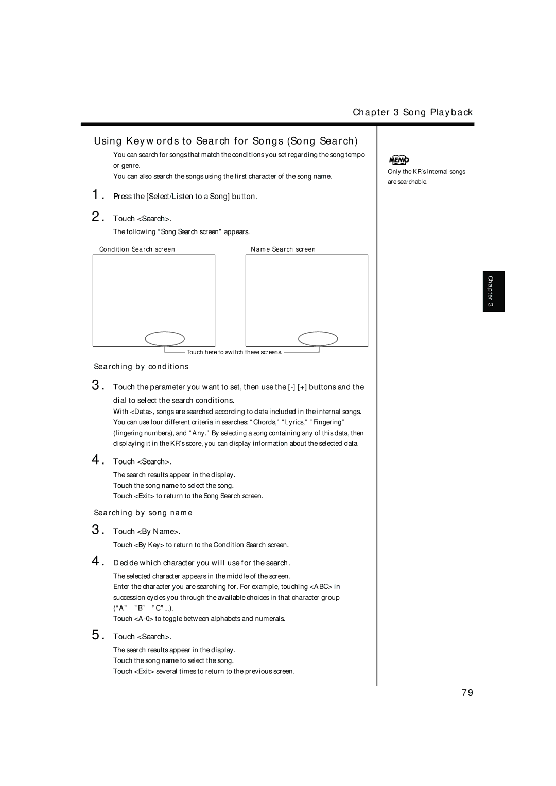 Roland KR-15, KR-17 owner manual Press the Select/Listen to a Song button Touch Search, Searching by song name 