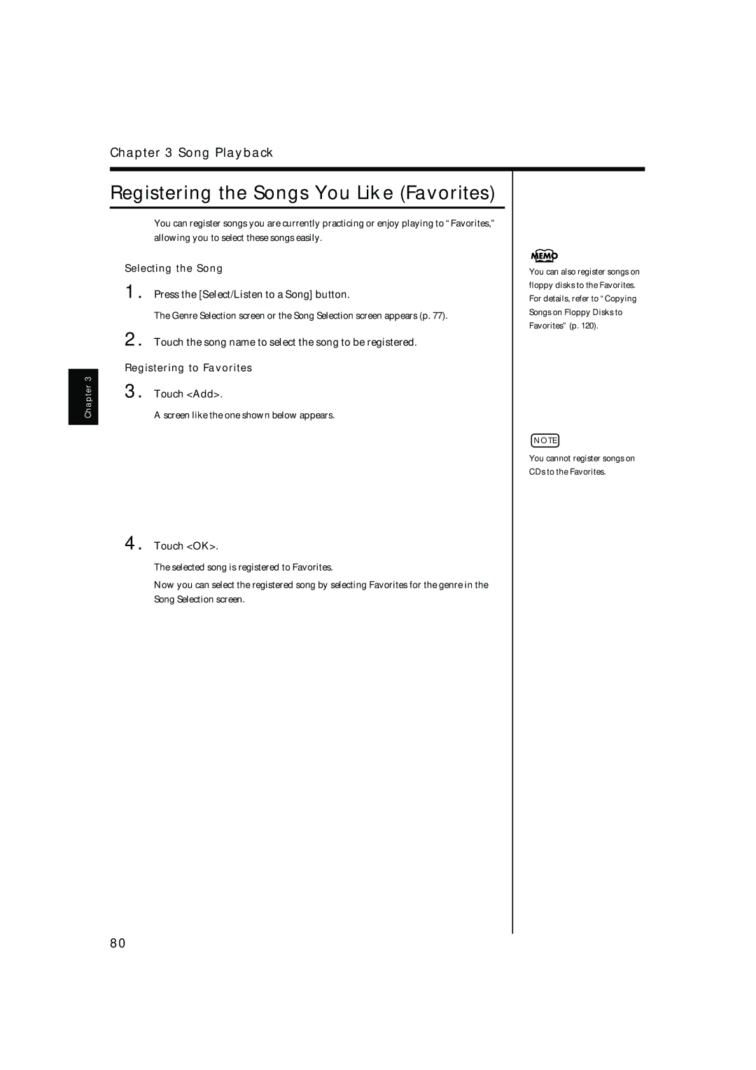 Roland KR-17 Registering the Songs You Like Favorites, Touch the song name to select the song to be registered, Touch Add 