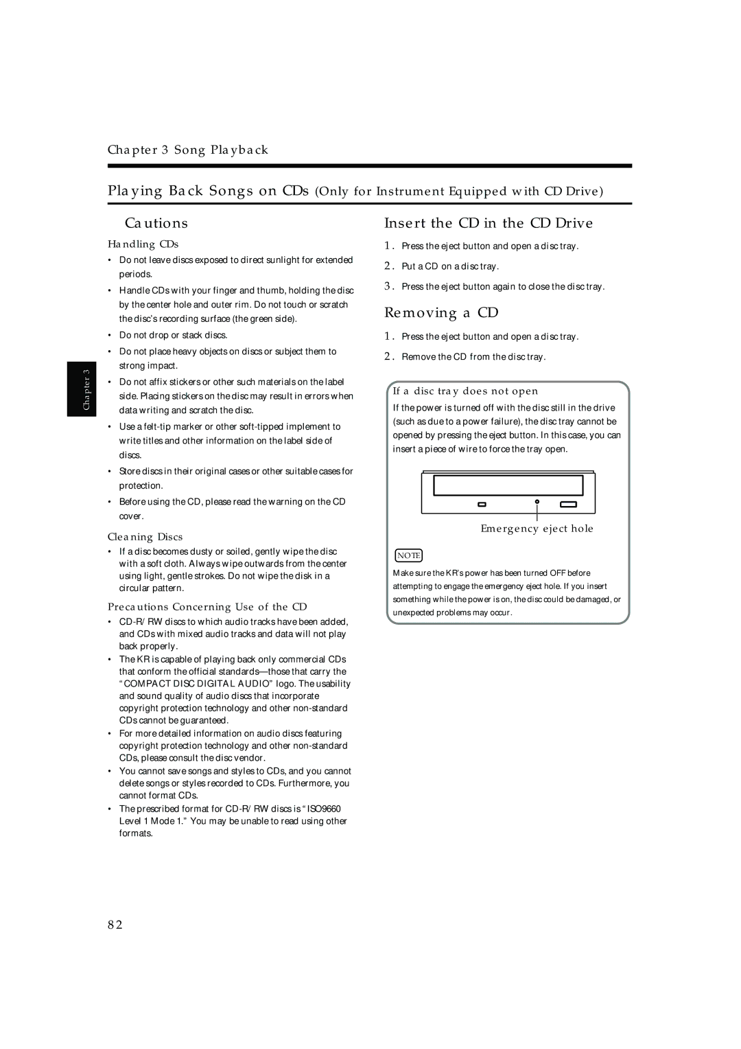 Roland KR-17, KR-15 owner manual Insert the CD in the CD Drive, Removing a CD 