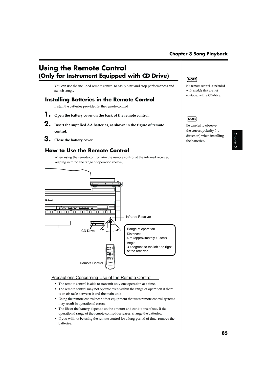 Roland KR-15 Using the Remote Control, Installing Batteries in the Remote Control, How to Use the Remote Control, Distance 