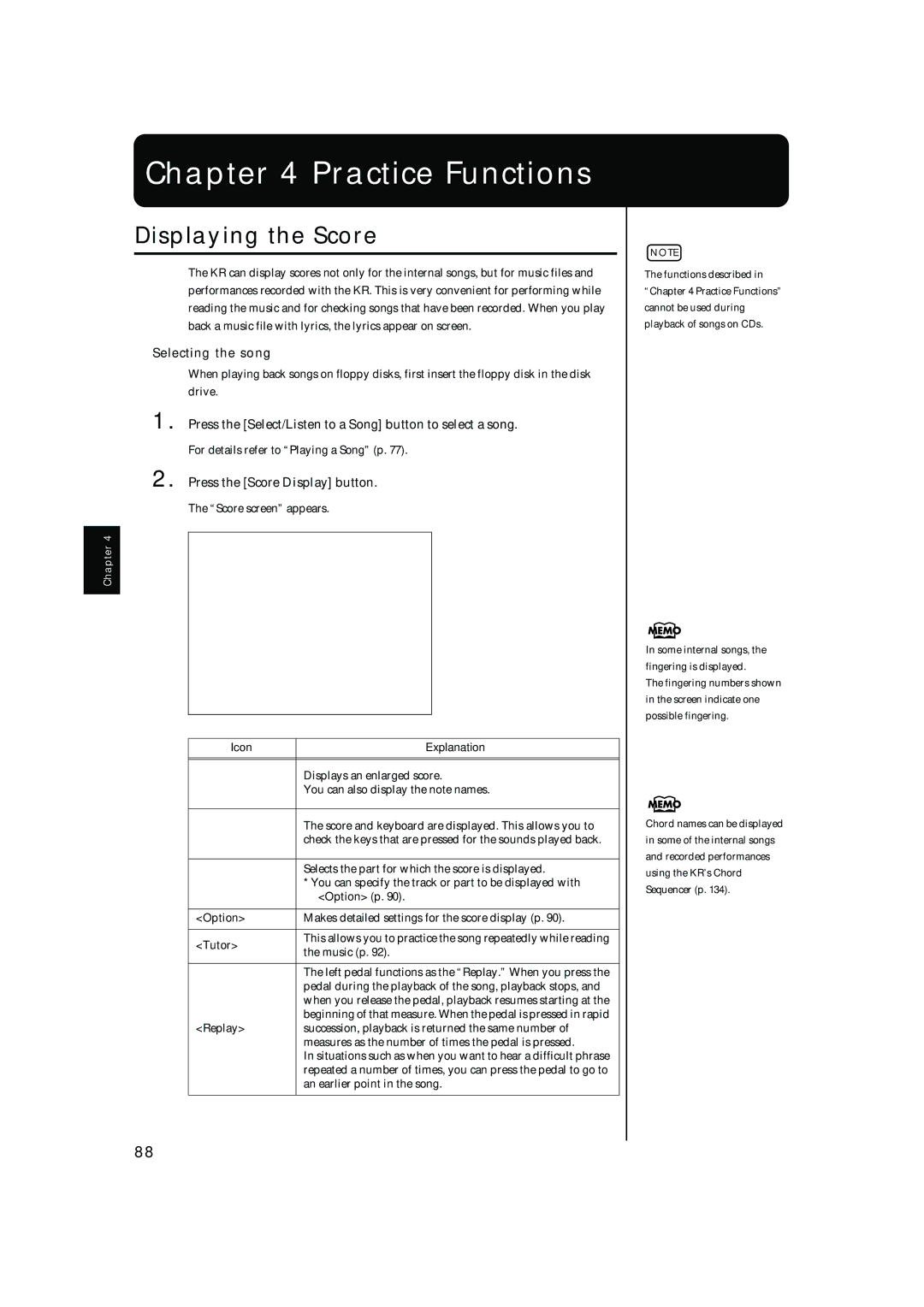 Roland KR-17, KR-15 Practice Functions, Displaying the Score, Press the Select/Listen to a Song button to select a song 