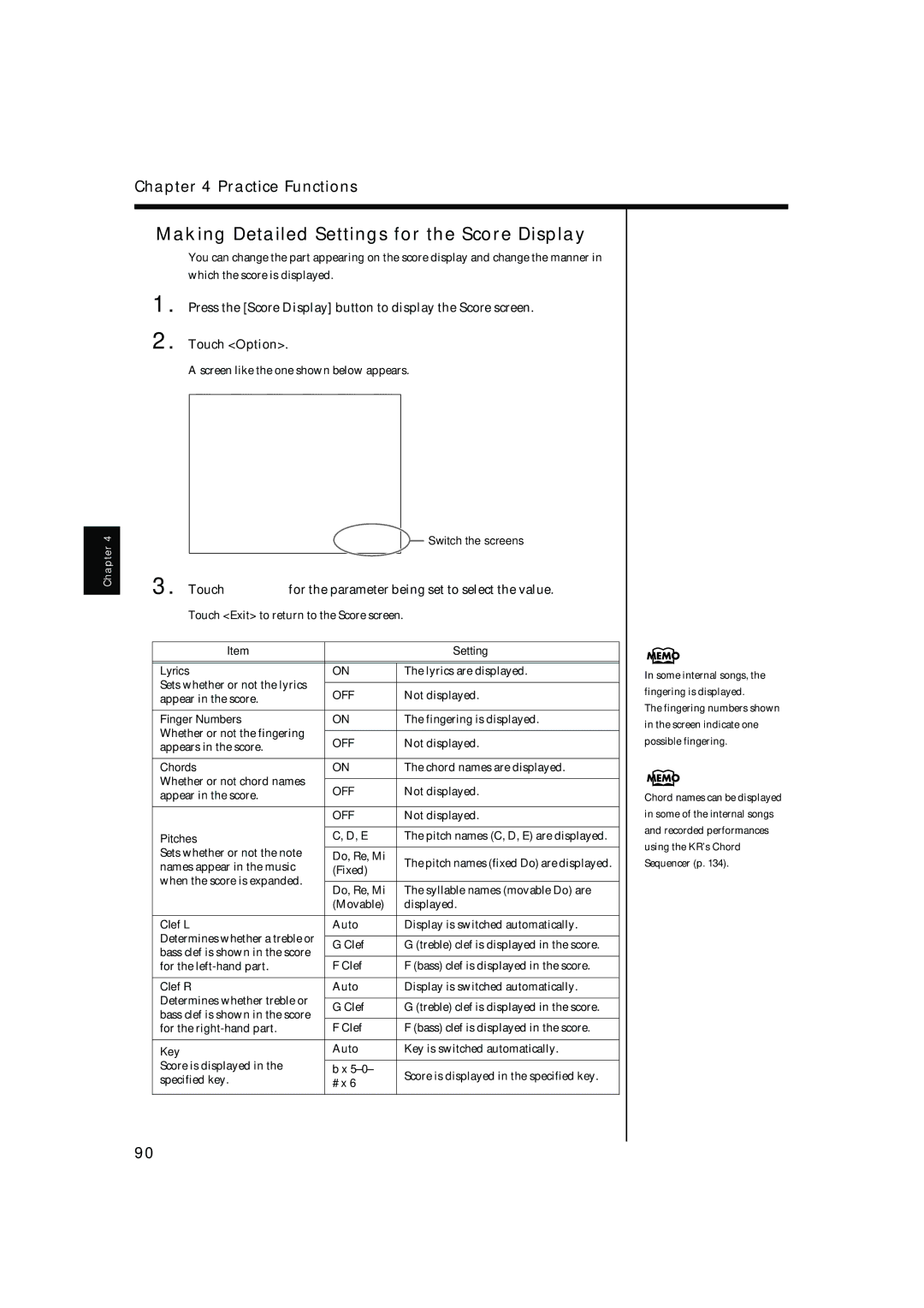 Roland KR-17, KR-15 Making Detailed Settings for the Score Display, Touch for the parameter being set to select the value 