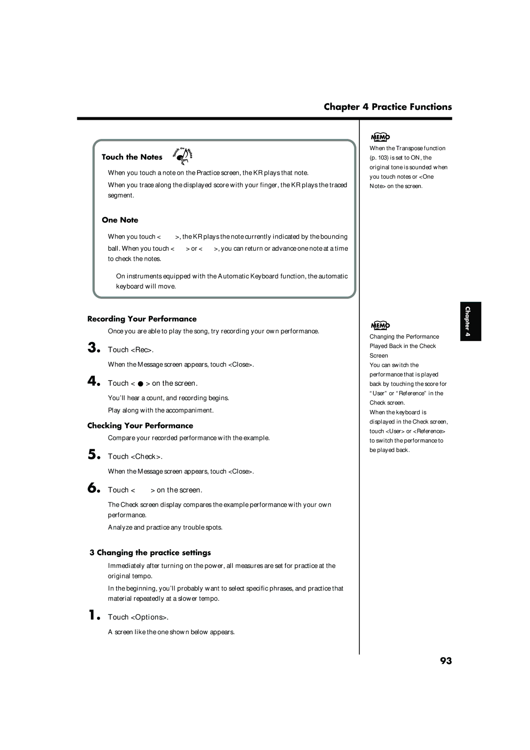 Roland KR-15, KR-17 owner manual Touch the Notes, One Note, Recording Your Performance, Checking Your Performance 