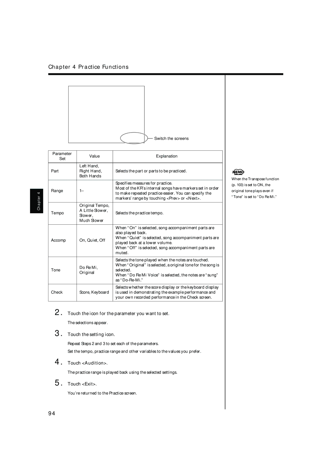 Roland KR-17, KR-15 owner manual Touch the icon for the parameter you want to set, Touch the setting icon, Touch Audition 