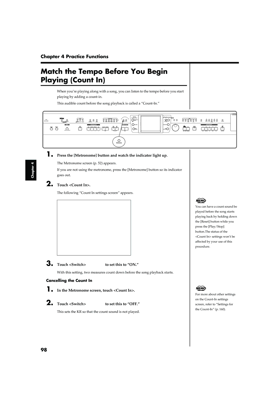 Roland KR-17, KR-15 owner manual Match the Tempo Before You Begin Playing Count, Touch Count, Cancelling the Count 