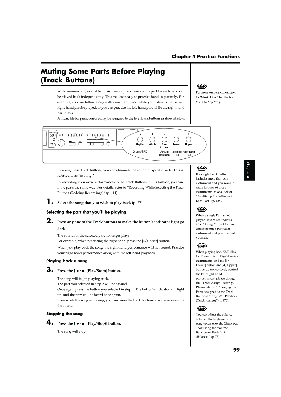 Roland KR-15 Muting Some Parts Before Playing Track Buttons, Select the song that you wish to play back p, Song will stop 