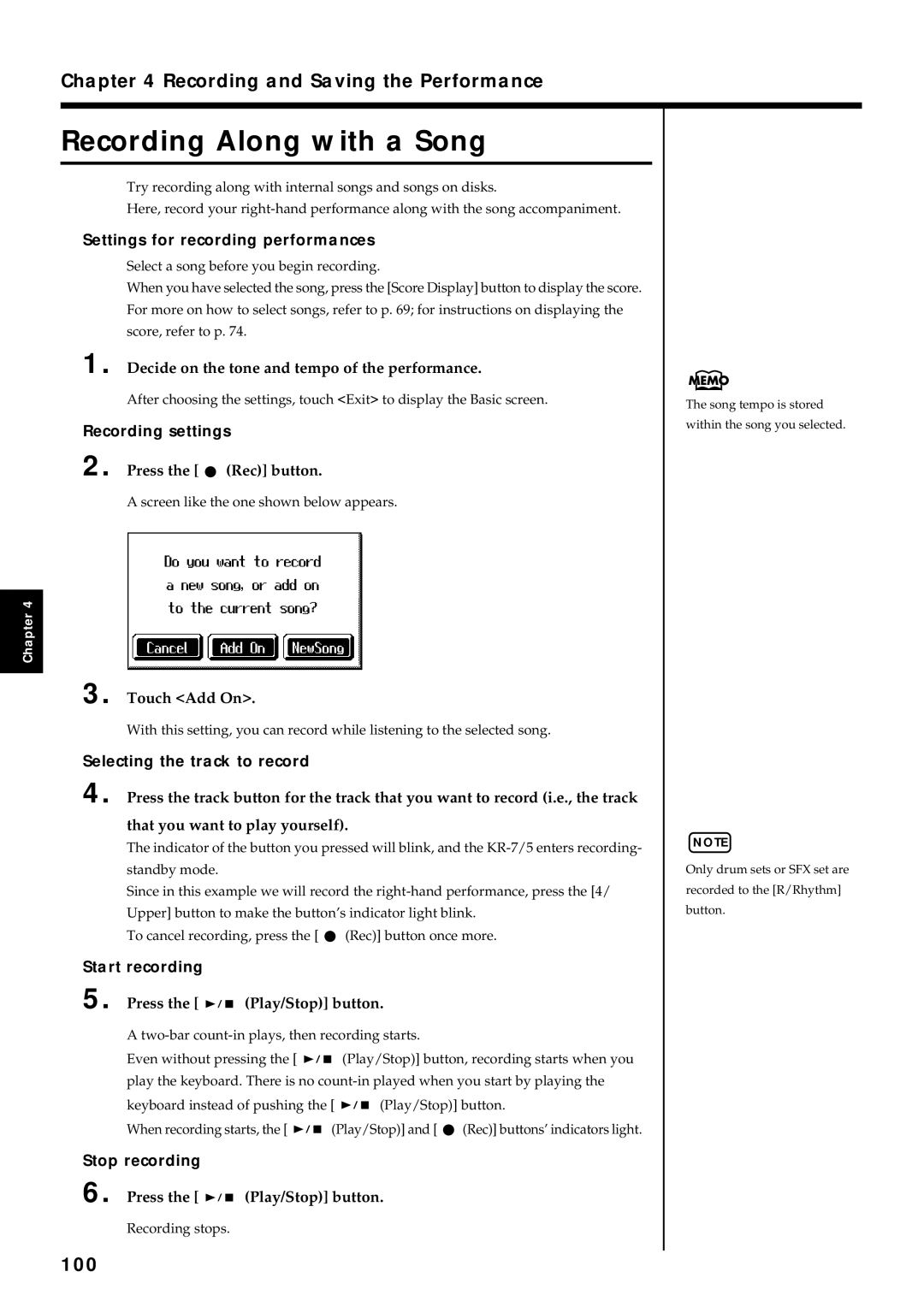 Roland KR7/5 owner manual Recording Along with a Song, 100, Decide on the tone and tempo of the performance, Touch Add On 