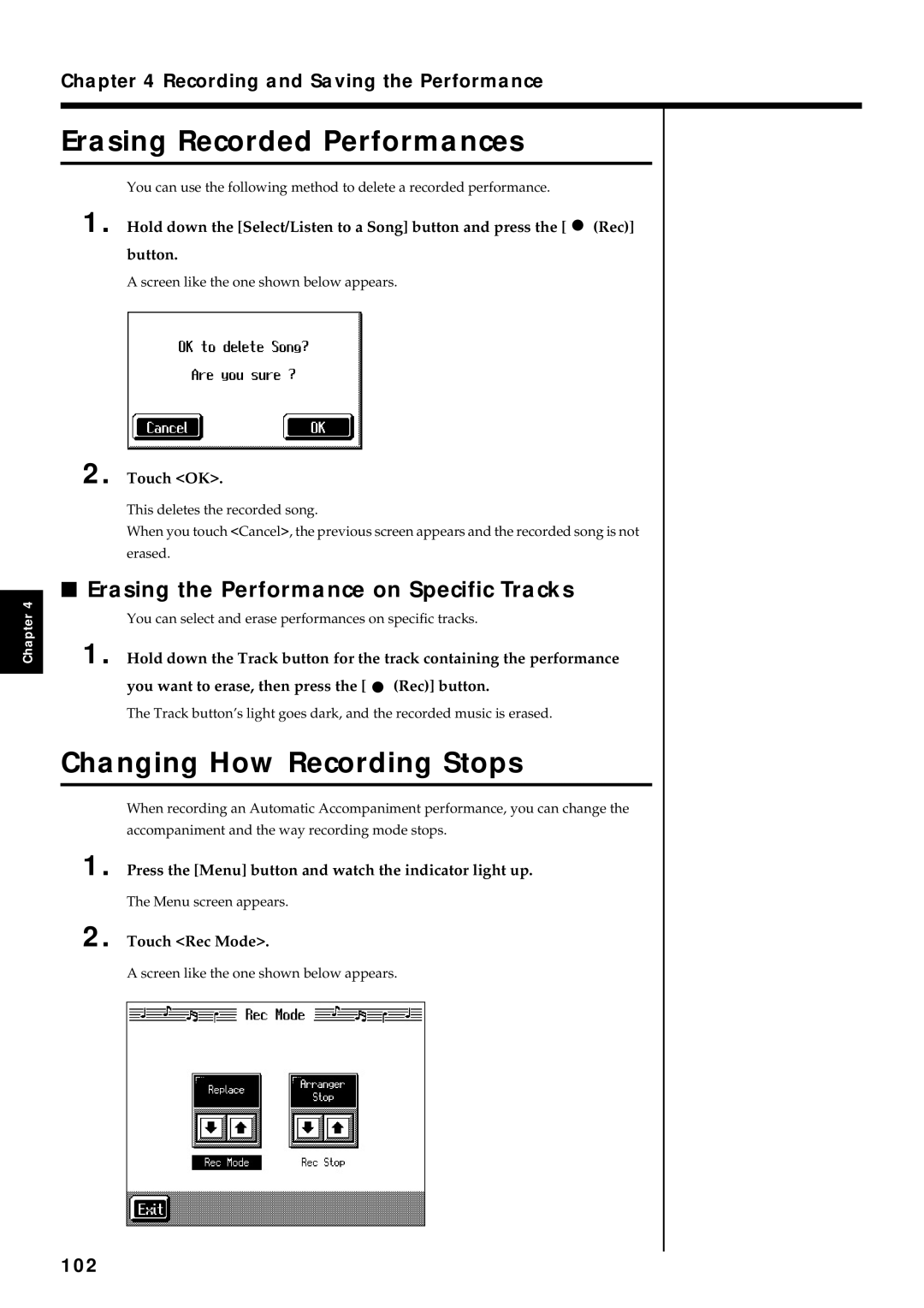 Roland KR7/5 Erasing Recorded Performances, Changing How Recording Stops, Erasing the Performance on Specific Tracks, 102 