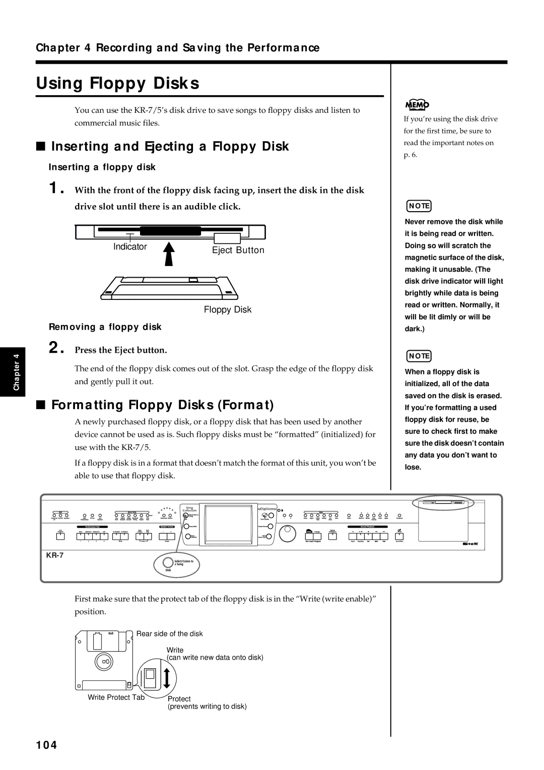 Roland KR7/5 owner manual Using Floppy Disks, Inserting and Ejecting a Floppy Disk, Formatting Floppy Disks Format, 104 