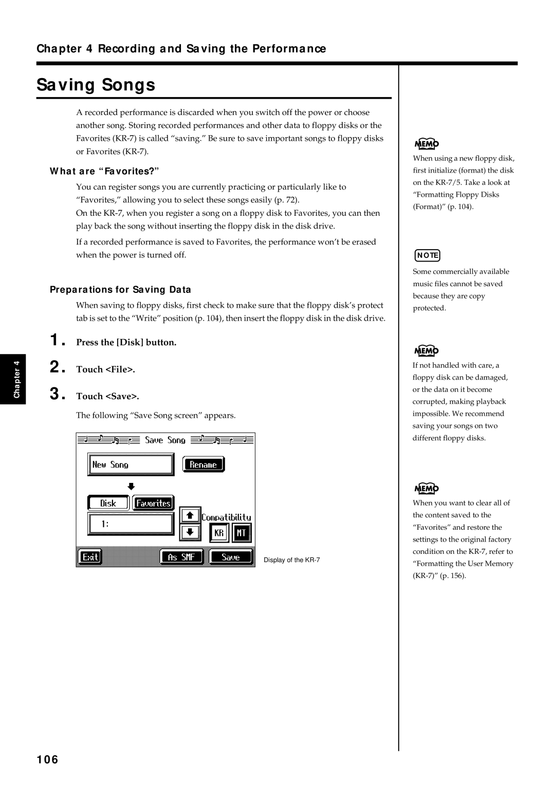 Roland KR7/5 owner manual Saving Songs, 106, What are Favorites?, Preparations for Saving Data 