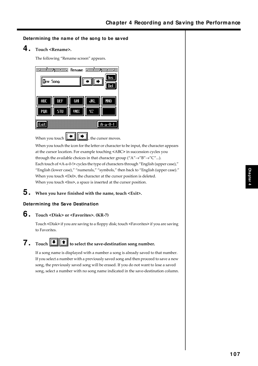 Roland KR7/5 owner manual 107, Determining the name of the song to be saved, Determining the Save Destination 