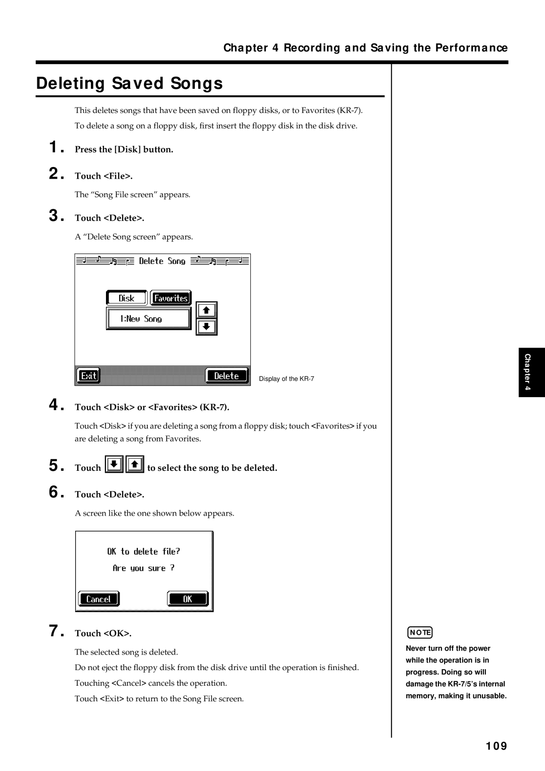 Roland KR7/5 owner manual Deleting Saved Songs, 109 