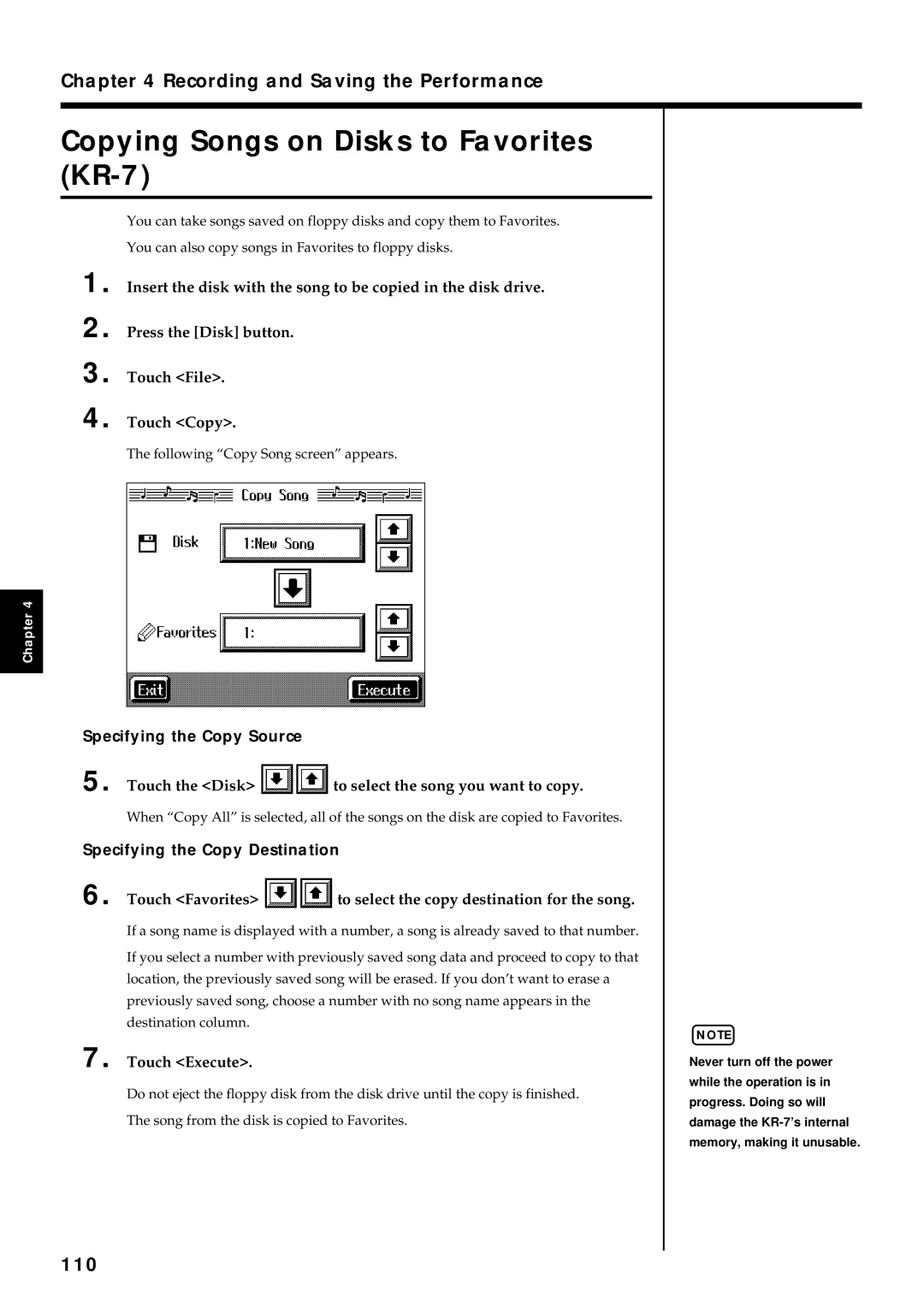 Roland KR7/5 Copying Songs on Disks to Favorites KR-7, 110, Specifying the Copy Source, Specifying the Copy Destination 