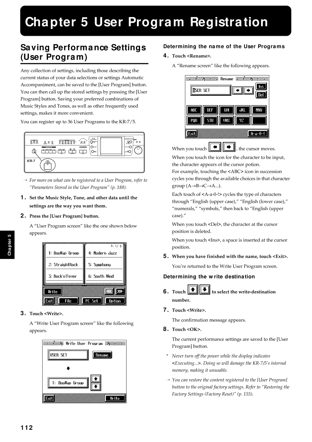 Roland KR7/5 owner manual User Program Registration, Saving Performance Settings, 112 