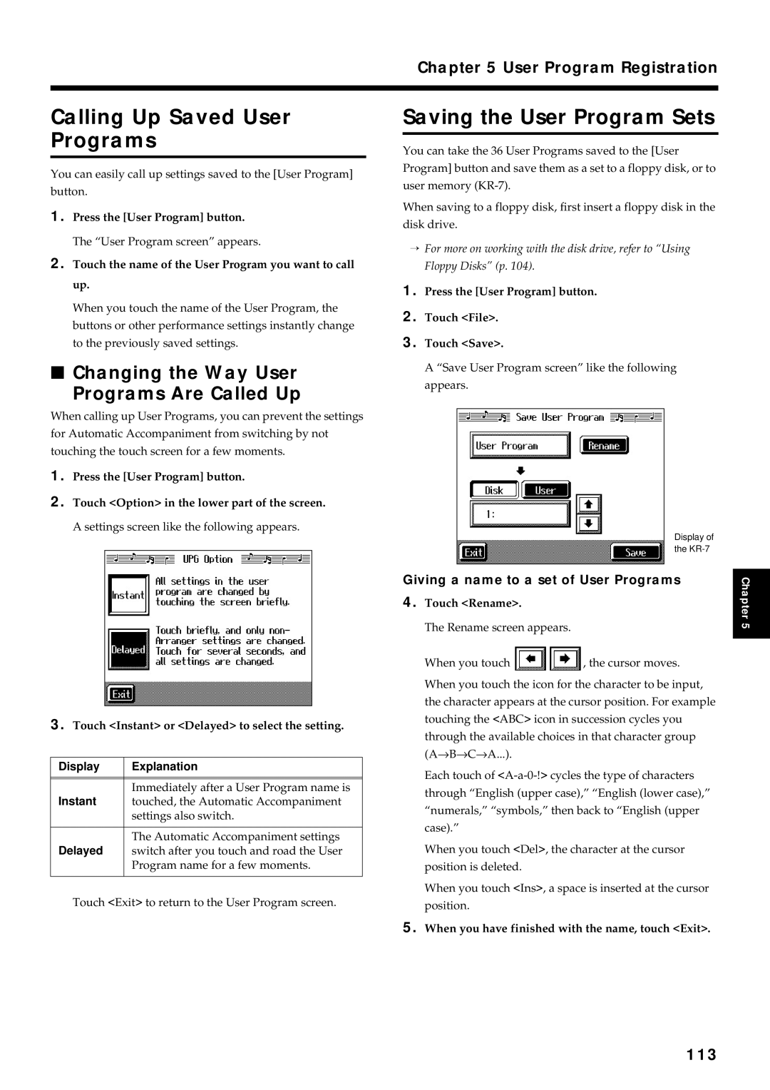 Roland KR7/5 Calling Up Saved User Programs, Saving the User Program Sets, Changing the Way User Programs Are Called Up 