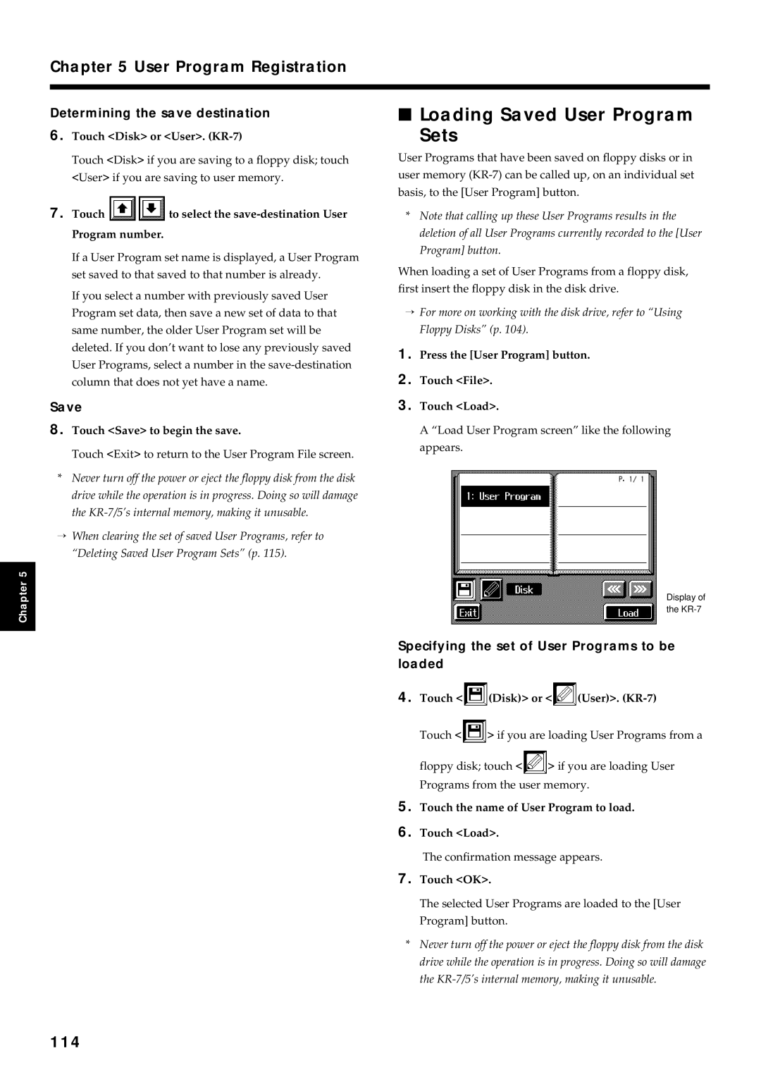 Roland KR7/5 owner manual Loading Saved User Program Sets, 114, Specifying the set of User Programs to be loaded 