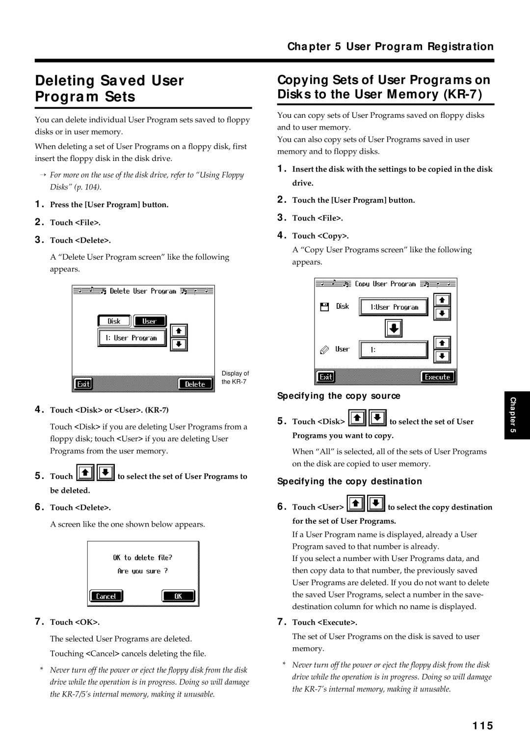 Roland KR7/5 Deleting Saved User Program Sets, 115, Press the User Program button Touch File Touch Delete, Touch Execute 