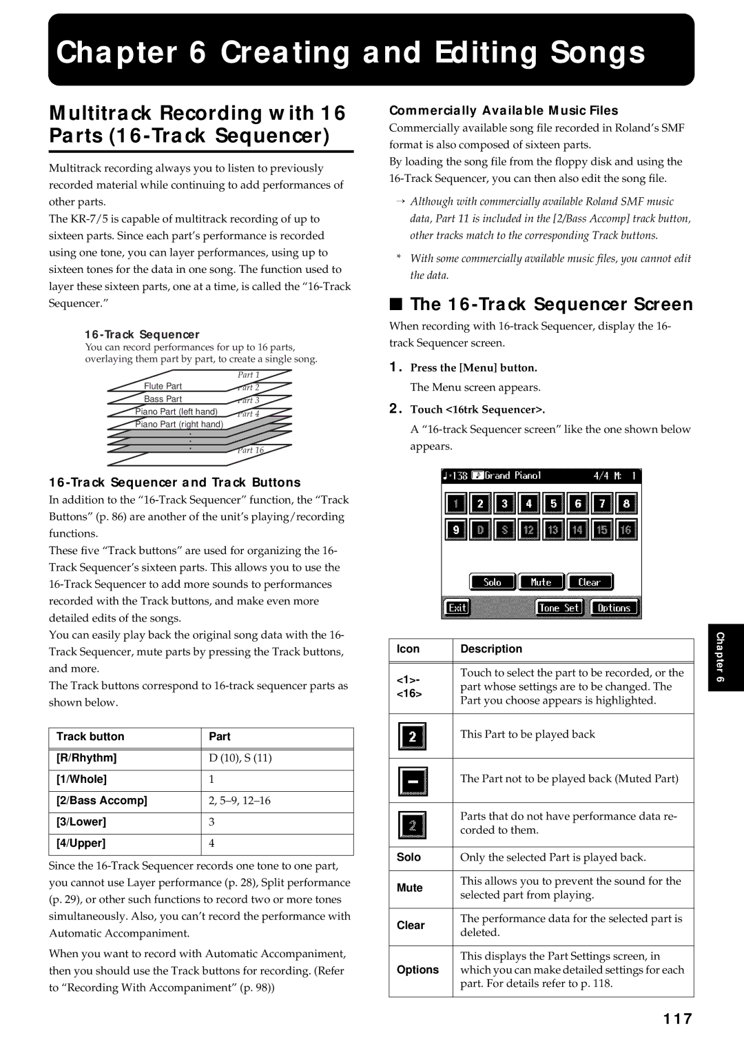 Roland KR7/5 Creating and Editing Songs, Multitrack Recording with 16 Parts 16-Track Sequencer, Track Sequencer Screen 