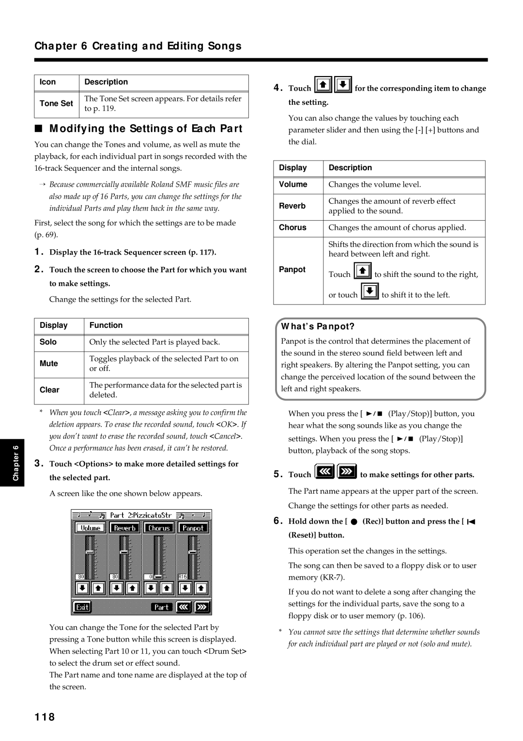 Roland KR7/5 owner manual Creating and Editing Songs, Modifying the Settings of Each Part, 118, What’s Panpot? 