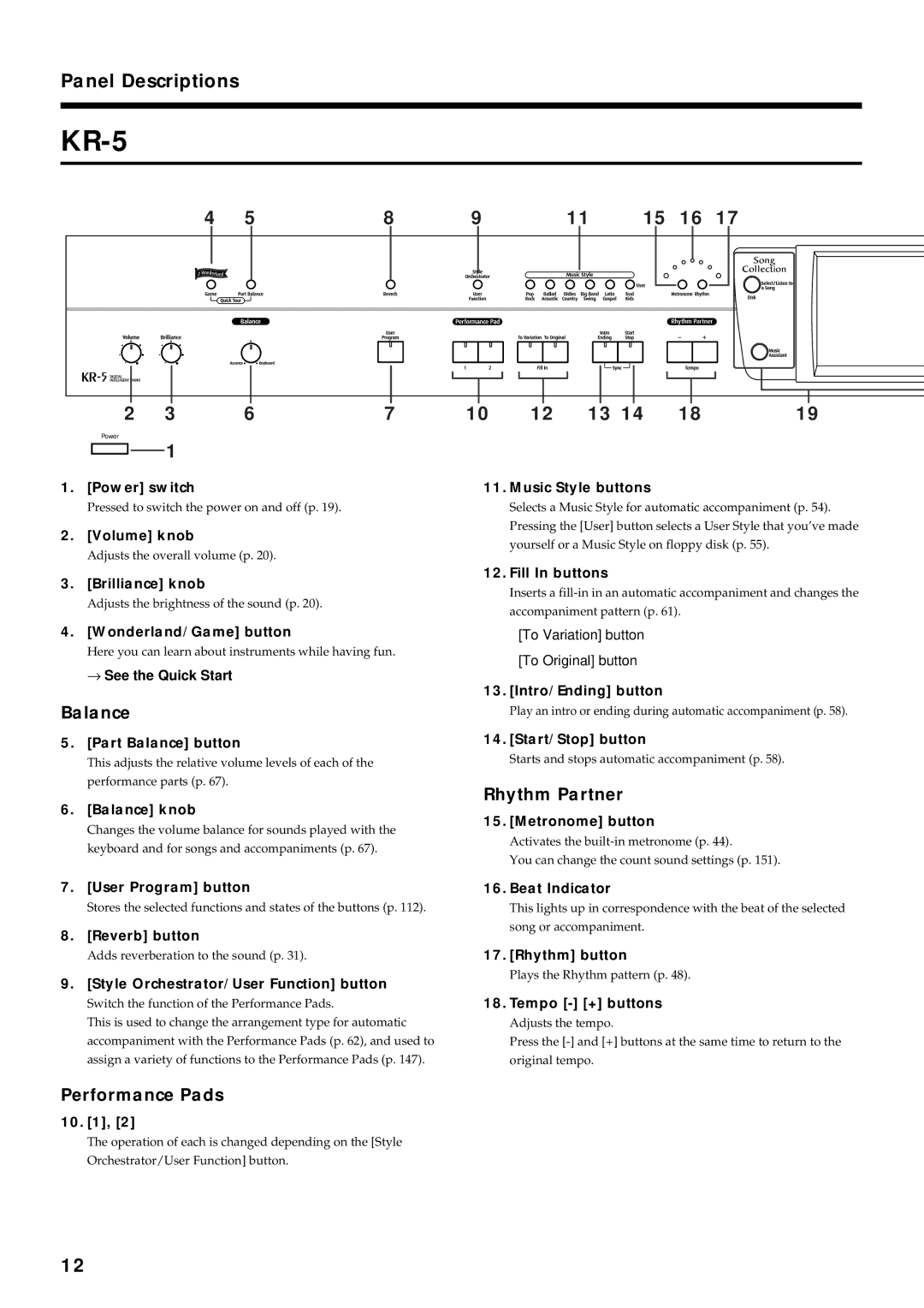 Roland KR7/5 owner manual Brilliance knob Fill In buttons, Part Balance button, Style Orchestrator/User Function button 