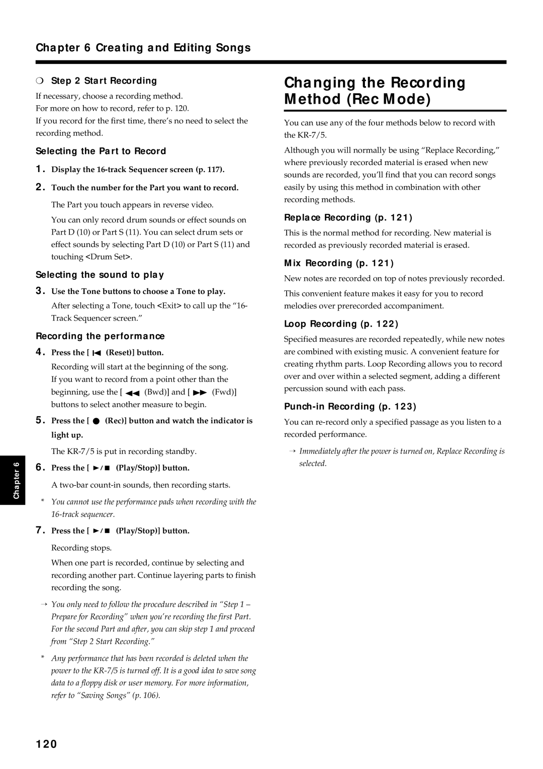 Roland KR7/5 owner manual Changing the Recording Method Rec Mode, 120 