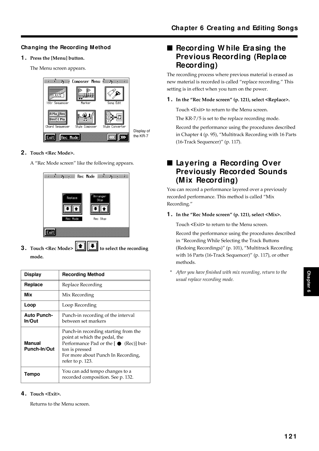 Roland KR7/5 owner manual Recording While Erasing the Previous Recording Replace, 121, Changing the Recording Method 