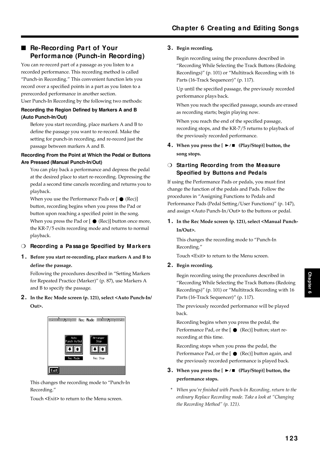 Roland KR7/5 owner manual 123, Recording a Passage Specified by Markers 