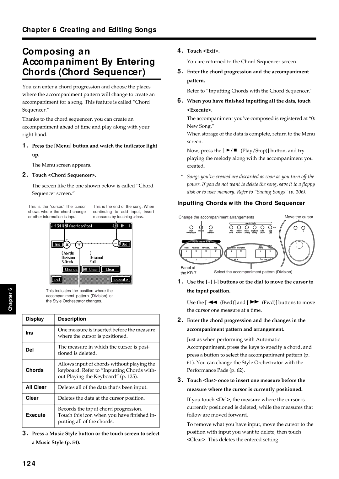 Roland KR7/5 owner manual 124, Inputting Chords with the Chord Sequencer 