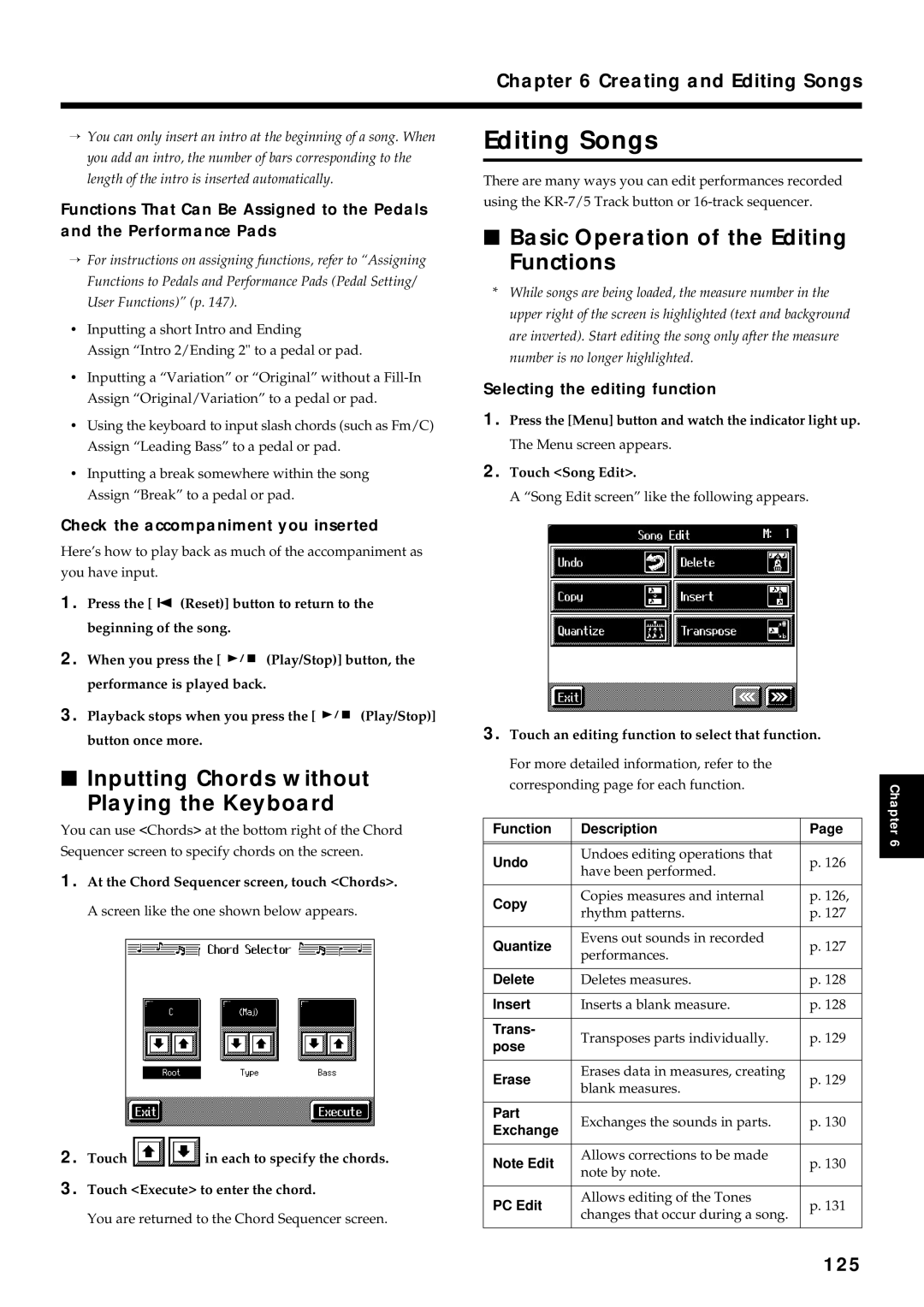 Roland KR7/5 Editing Songs, Inputting Chords without Playing the Keyboard, Basic Operation of the Editing Functions, 125 