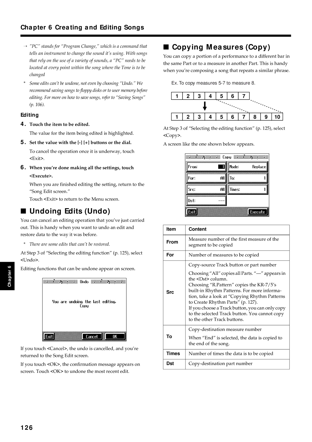 Roland KR7/5 owner manual Undoing Edits Undo, Copying Measures Copy, 126, Editing 