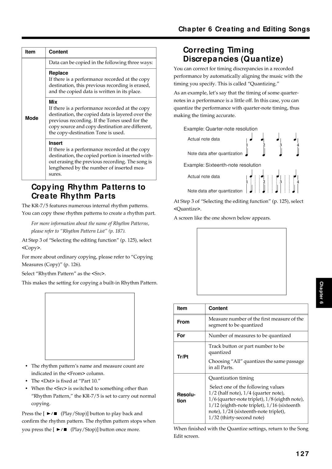 Roland KR7/5 owner manual Correcting Timing, Discrepancies Quantize, Copying Rhythm Patterns to Create Rhythm Parts, 127 