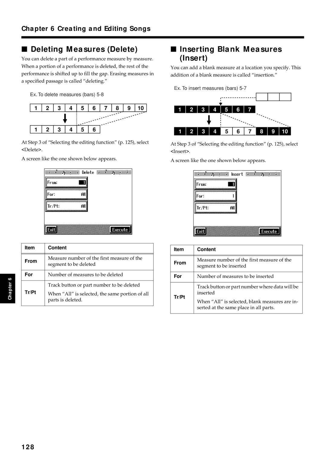 Roland KR7/5 owner manual Deleting Measures Delete, Inserting Blank Measures, 128 