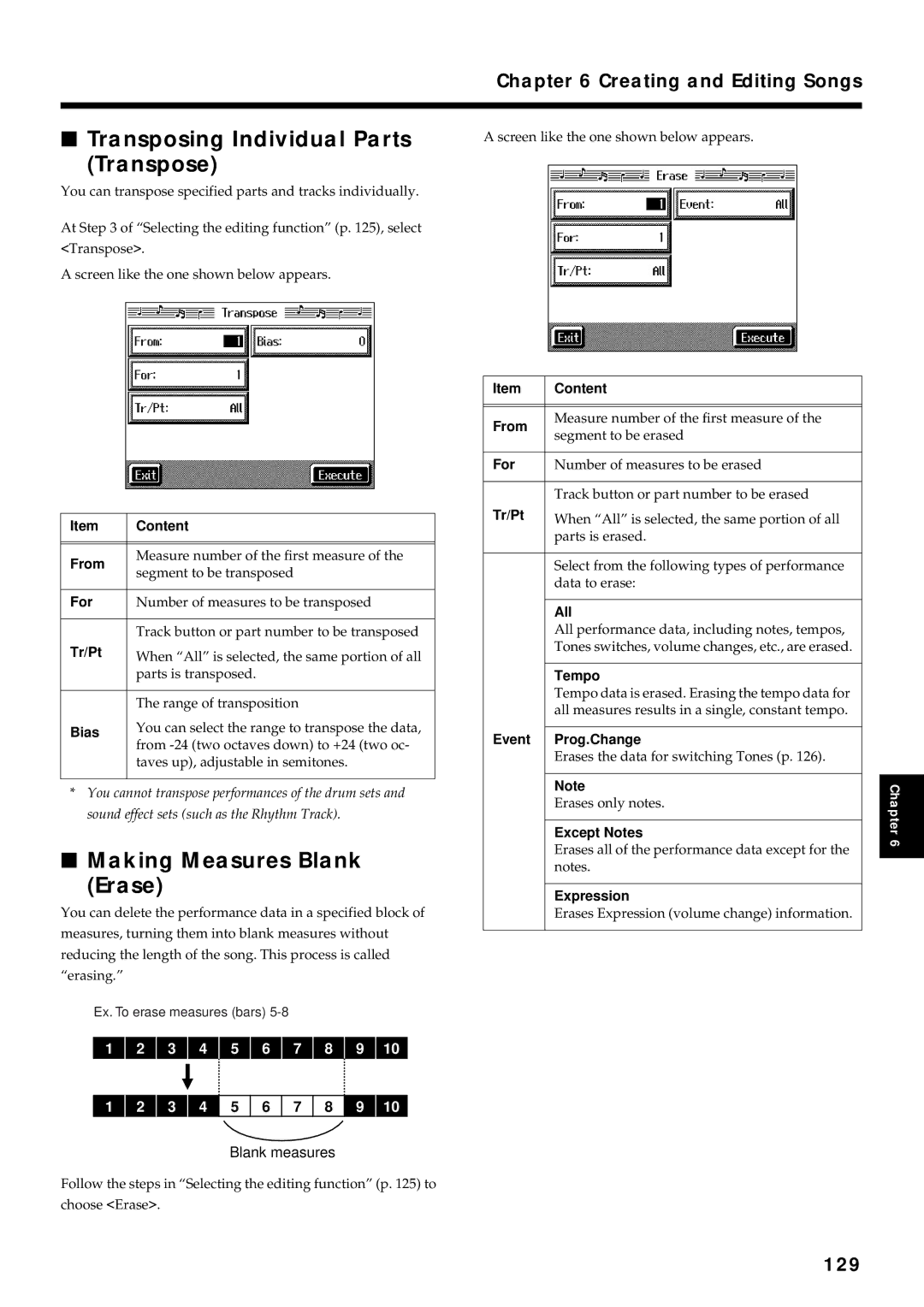 Roland KR7/5 owner manual Transposing Individual Parts Transpose, Making Measures Blank Erase, 129 