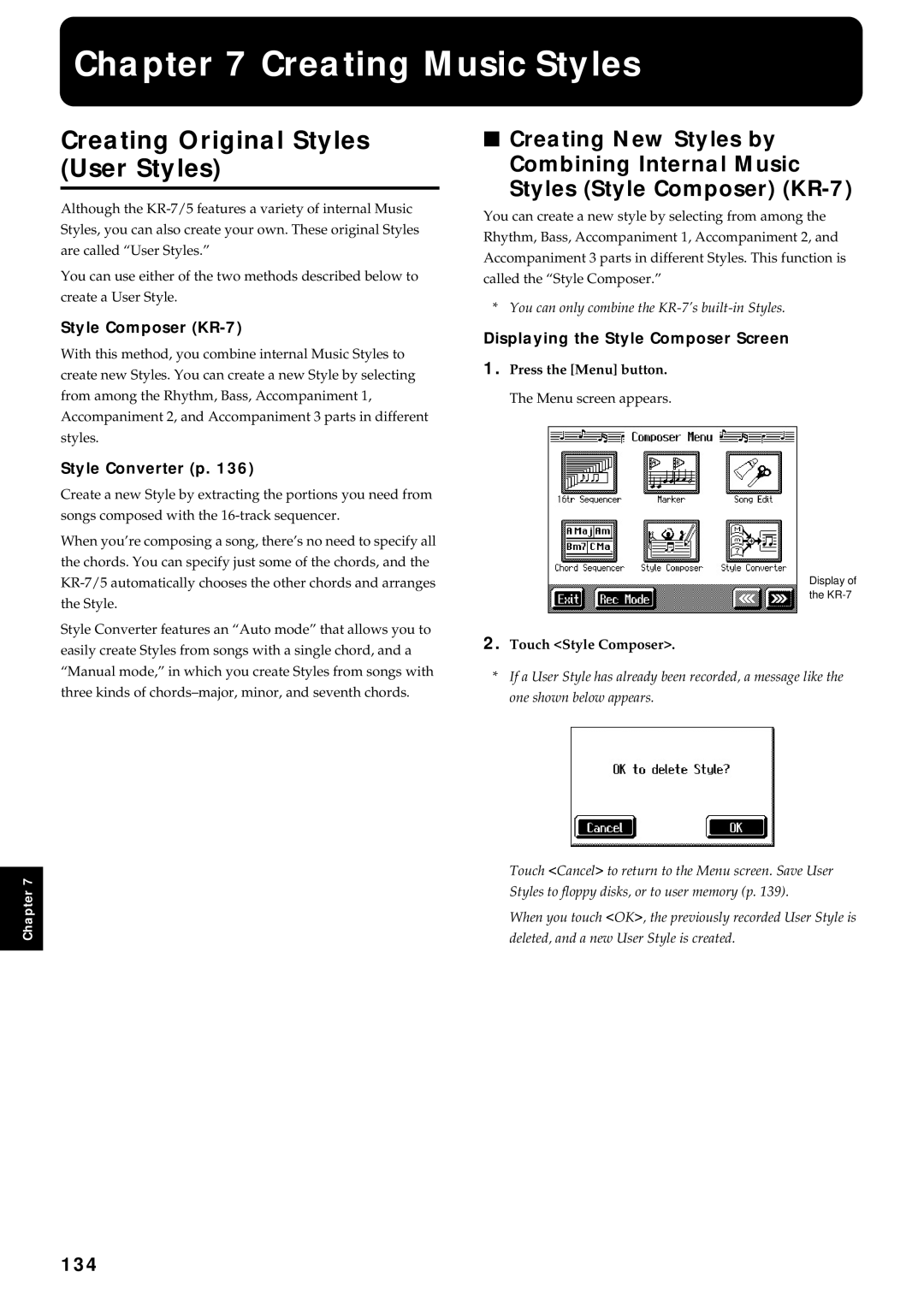 Roland KR7/5 owner manual Creating Original Styles User Styles, 134, Style Composer KR-7, Style Converter p 