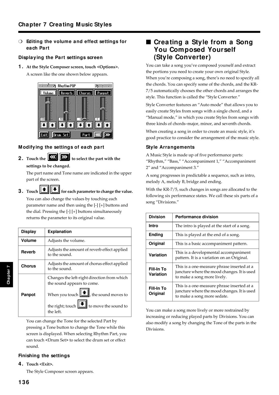 Roland KR7/5 owner manual 136, Modifying the settings of each part, Finishing the settings, Style Arrangements 