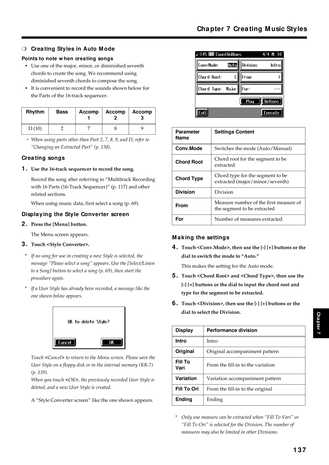 Roland KR7/5 137, Creating Styles in Auto Mode, Creating songs, Displaying the Style Converter screen, Making the settings 