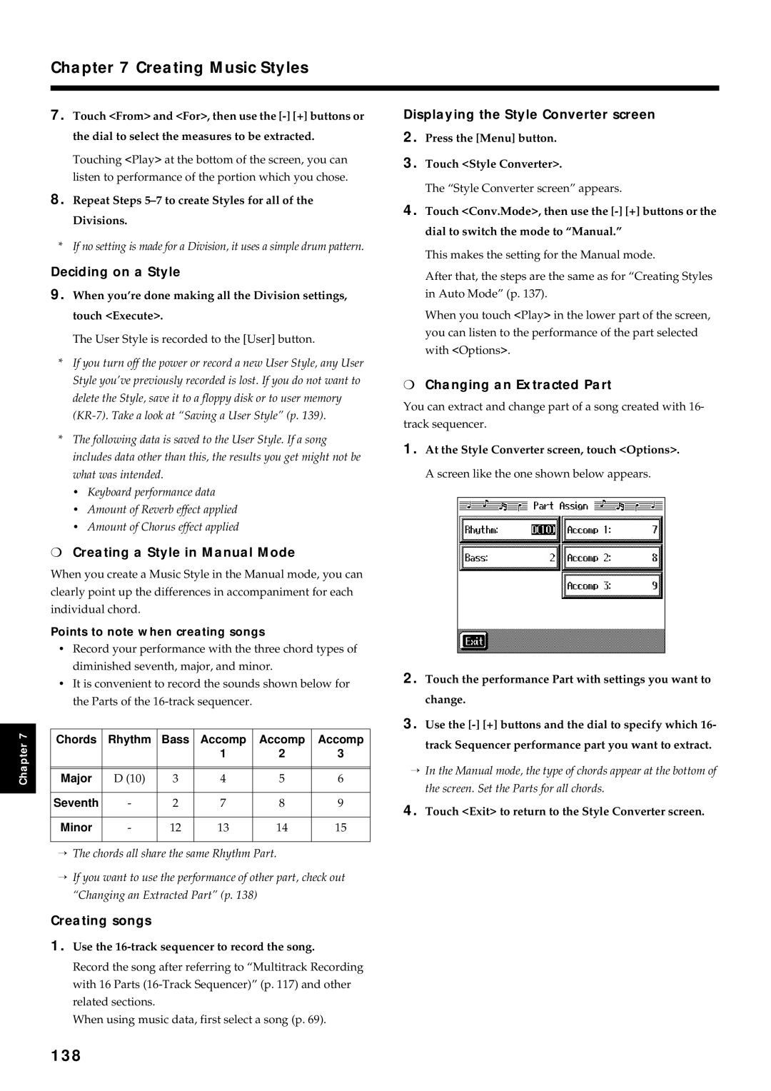 Roland KR7/5 owner manual 138, Creating a Style in Manual Mode, Changing an Extracted Part 