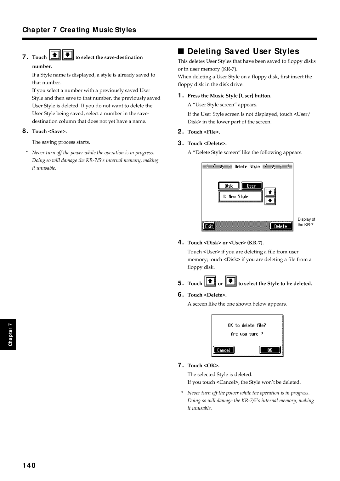 Roland KR7/5 owner manual Deleting Saved User Styles, 140 