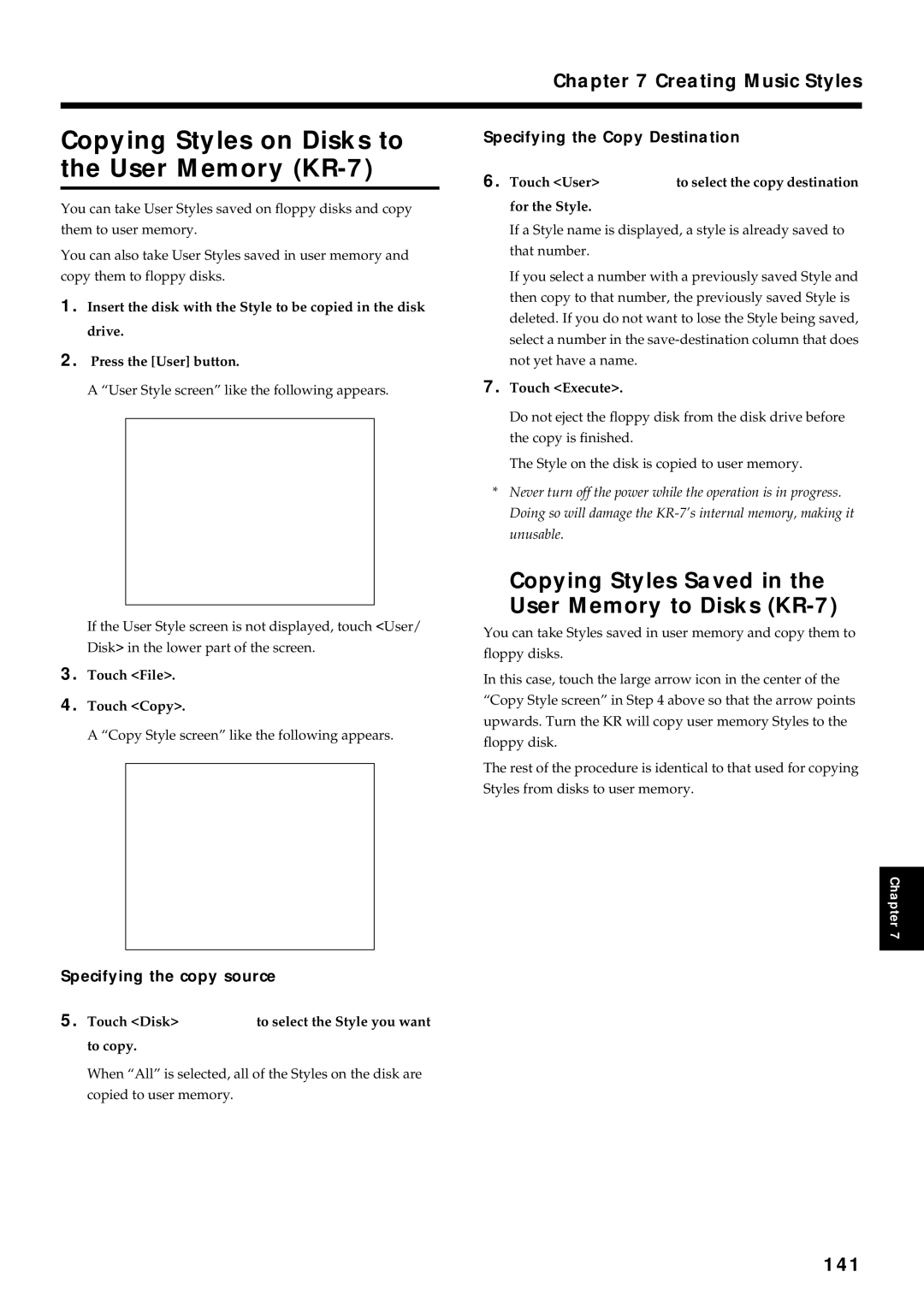 Roland KR7/5 Copying Styles on Disks to the User Memory KR-7, Copying Styles Saved User Memory to Disks KR-7, 141 