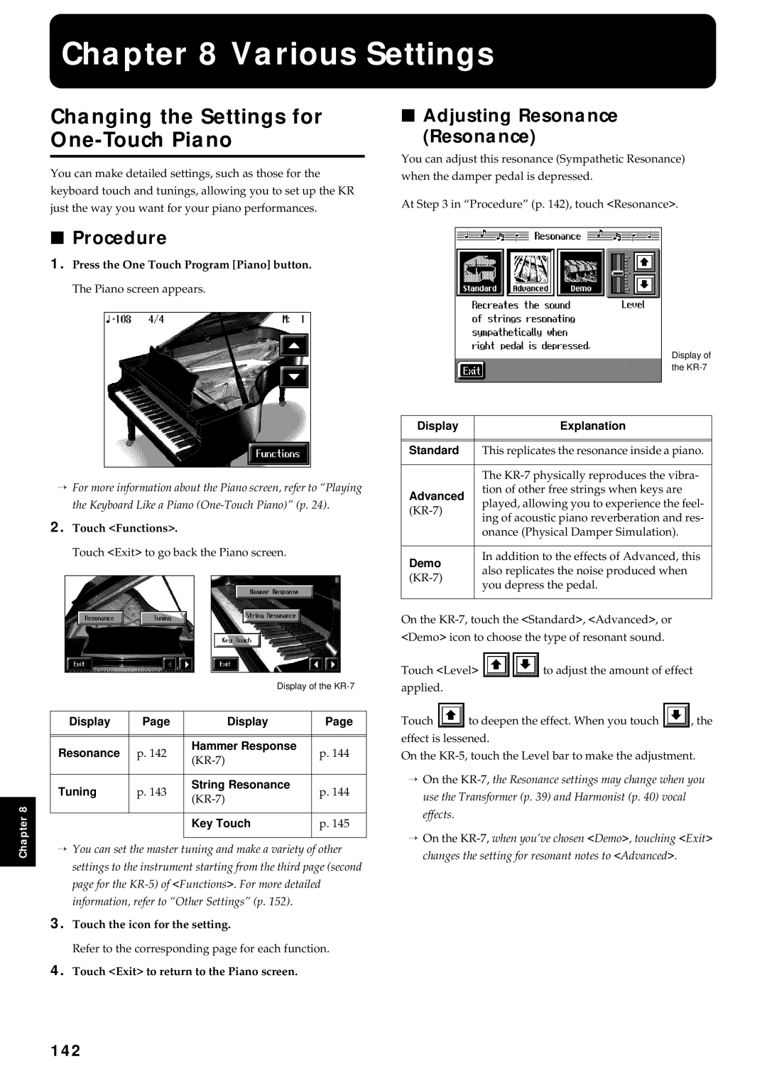 Roland KR7/5 owner manual Various Settings, Changing the Settings for One-Touch Piano, Adjusting Resonance, Procedure, 142 